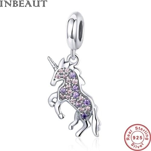 INBEAUT Real 925 Sterling Silver Purple&Brown Cubic Zirconia Unicorn Charm Shaped Fairy Tale Horse Beads fit Brand Bracelet