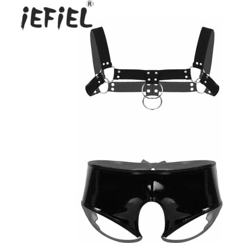 Men Wet Look Cutout Lingerie Sets Elastic Chest Muscle Harness Belt with Low Rise Open Butt Sexy Briefs Underwear for Club Stage
