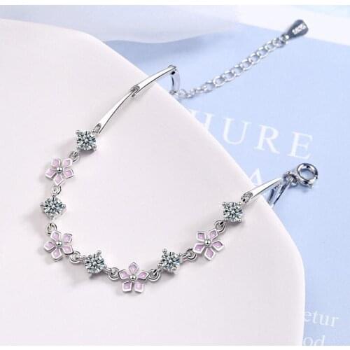 Fashion Romantic Pink Flower Zircon Bracelets Girl Jewelry Exquisite 925 Silver Bangle For Women Valentines Day Gifts KOFSAC