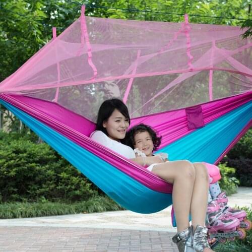 Outdoor portable double hammock with mosquito net camping survival recreational wear-resisting parachute mesh swings hammock