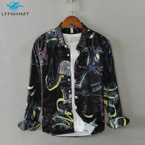 Men Spring Fall New Fashion Graffiti Print Shirts Long Sleeve Lapel Casual Slim Fit Hip Hop Streetwear Male High Quality Tops