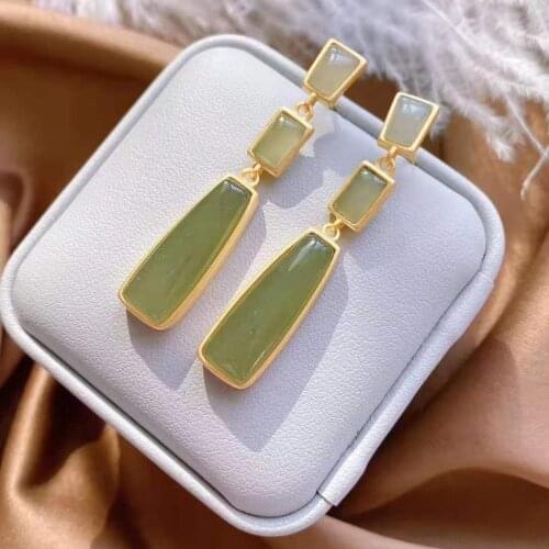 High-Grade Earrings Simple Niche Elegant Golden Earrings Womens Elegant Long Geometric Sterling Silver Hetian Gray Jade Earring