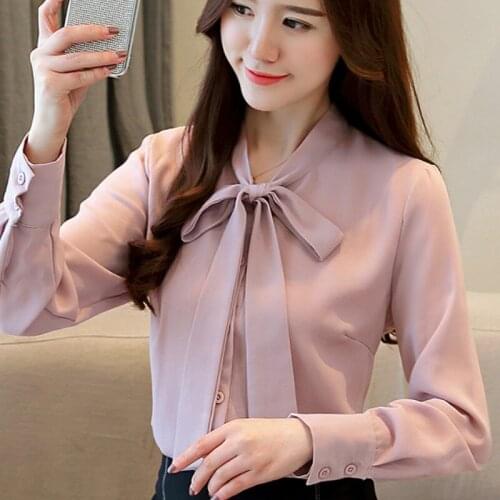 Blusa Chiffon Mulheres Primavera 2019 de moda de Nova Lady Professional PO tarja puro Solto Bow tie mulheres Longas Da
