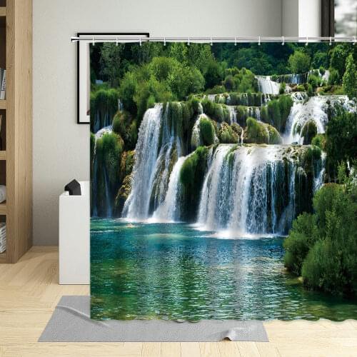 Natural Scenery Shower Curtain Waterfall Green Leaf Meadow Lake Landscape Bathroom Decor Waterproof Cloth Bath Curtains Set
