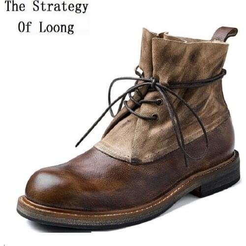 Spring Autumn New British Style Retro Sewing Genuine Leather Men Short Equestrian Boots Winter Plush Male Motorcycle Botas 2021