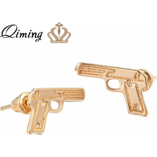 QIMING Vintage Men Gold Gun Earrings For Women Girls Harajuku fashion Jewelry Nice Gift Stud Men Earrings Gift