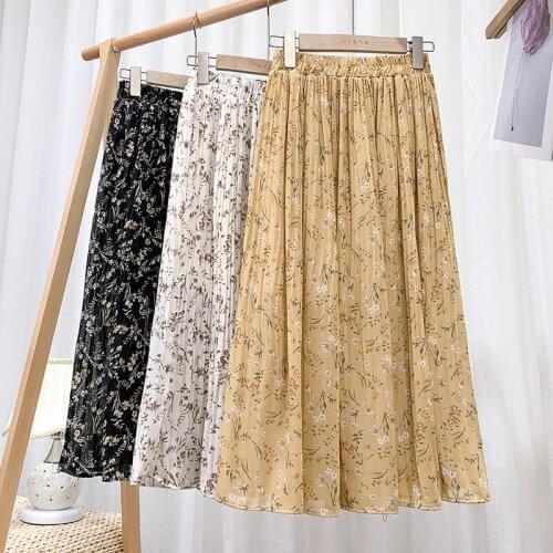 GIGOGOU 2021 Spring Summer Women Floral A Line Skirt Elegant Pleated Midi Skirts Elastic High Waist Female Tutu Tulle Skirts