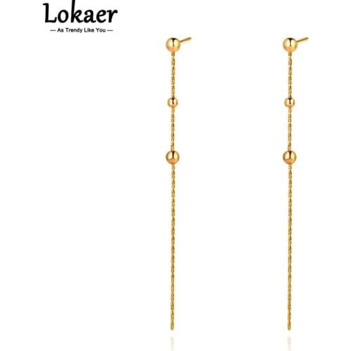 Lokaer 18K Gold Stainless Steel Long Chain Beads Tassel Earrings Jewelry Fashion Dangle Earrings For Women серьги висячие E21114