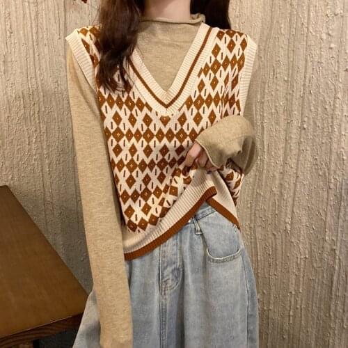 Y2k Sweater Vest Knit Womens Outwear V Neck Loose Korean Version All-match Japanese Gentle 90s Clothes Vintage Argyle Top Vest