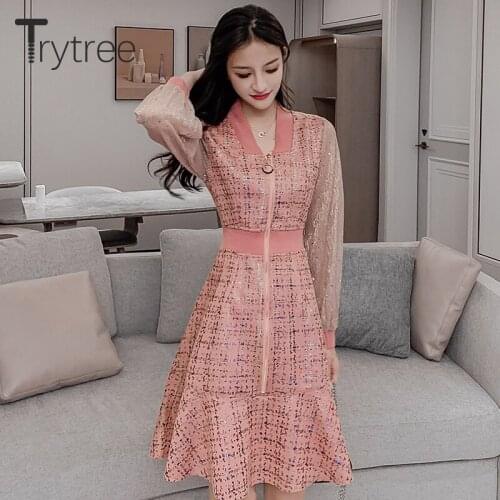 Trytree 2020 Autumn Winter Women Casual Dress V-neck Fashion A-line Patchwork 2 Colour Zipper Ruffles Office Lady Mini Dress
