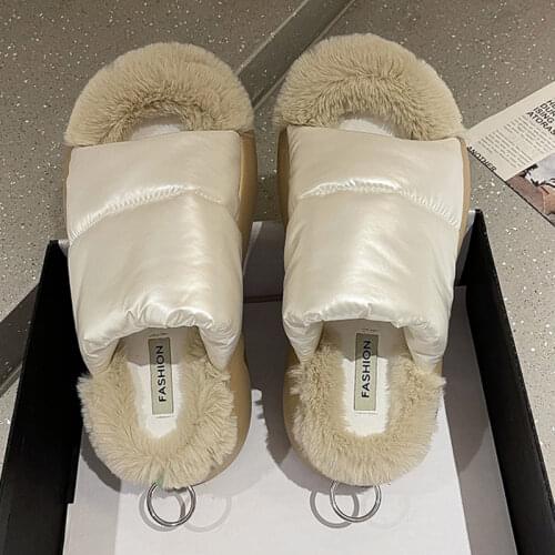 Winter Thick Bottom Waterproof Down Cloth Women Fur Slippers Warm Soft Luxurious Indoor Open Toes 2022 New Modern Slippers