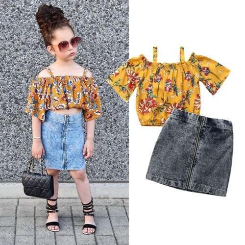 2021 Toddler Kids Baby Girl Clothes Off Shoudler Tank Tops T-shirt Denim Mini Skirts Zipper Set 2PCS Outfits Fashion 1-6Y
