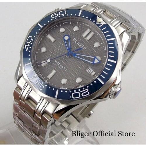BLIGER Brand Auto Men Wristwatch Sapphire Glass Mental Band Black/Blue/Grey Dial Date Window Ceramic Bezel