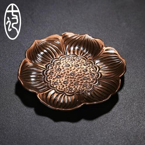 Handmade bronze retro cup tea mat saucer heat insulation cushion Japanese Kung Fu set ceremony accessory lotus leaf decoration