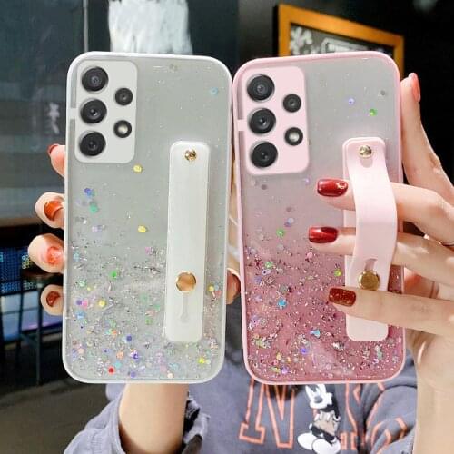 Glitter Sequins Wrist Strap Holder Case For Samsung A72 A52 A32 A12 A51 A71 A31 S21 Plus S20 FE Note 20 Ultra Epoxy Clear Cover