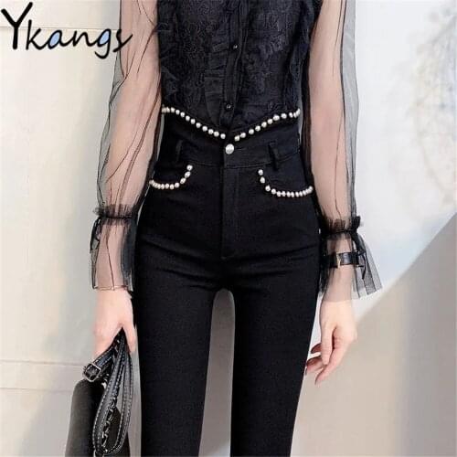 Beading Decorative Black Stretch Pencil Jeans High Waist Slim Skinny Women Denim Pants Korean Streetwear Gothic Legging Trousers
