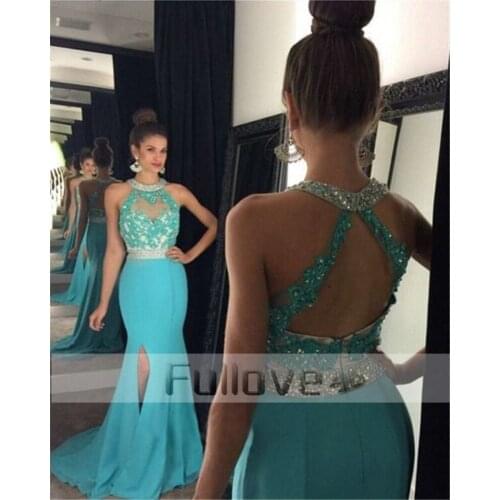 Elegant Sky Blue Crystal Beaded Evening Dress Long 2019 See Through Slim Cut Mermaid Formal Evening Dresses Vestidos De Fiesta