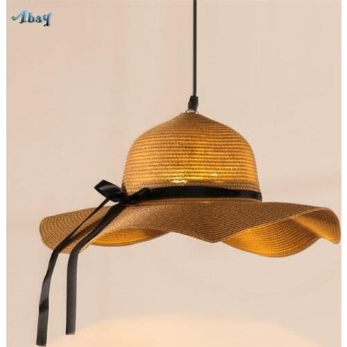 Country Hat Straw Pendant Lights Restaurant Nordic Khaki Linen Light Cafe Shop Living Room Staircase Decorative Lights Fixtures