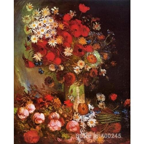 Oil paintings Vase with Poppies Cornflowers Peonies and Chrysanthemums Vincent Van Gogh Reproductions Hand painted High quality