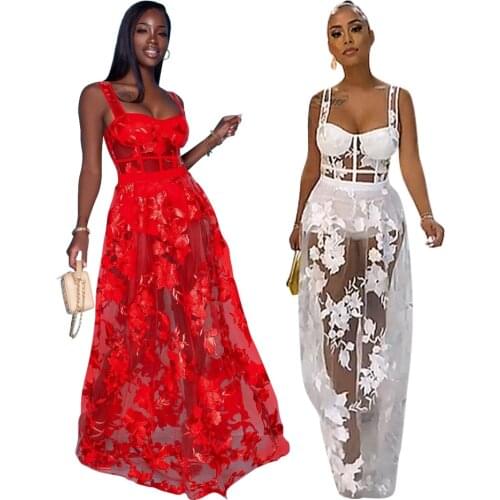 Classic Sheer Mesh Two Piece Outfits Women Skirts Matching Sets Sleeveless Empire Bodycon Bodysuits Long Maxi Dresses Party Wear