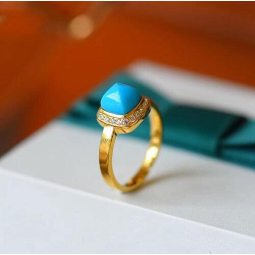 Mini Pyramid Natural Turquoise Ring S925 Sterling Silver Diamond-Studded Ring Cold Style Fashion Simple Ornament for Women