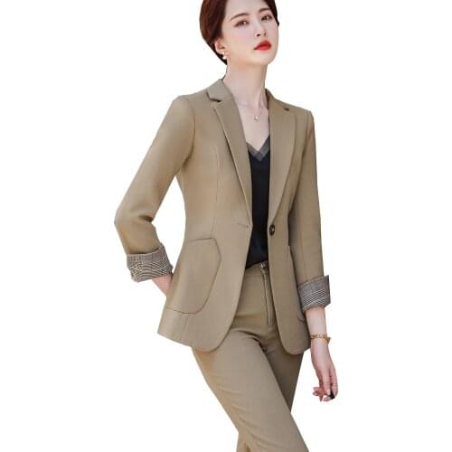 Autumn Winter Women Pink Black Champagne Brown Pant Suit 2 Piece Office Ladies Business Work Wear Formal Blazer And Trouser Set