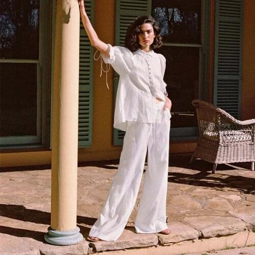Summer Ladie Set New Style Puff Sleeve Lace White Loose Cotton Linen Short Sleeve Casual Womens Shirt Pants 2-piece Suit WF340