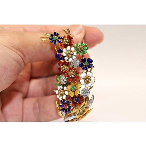 Old Original 18k Gold NaturalDiamond And Ruby Emerald And Enamel Decorated Amazing Flowers Style Strong Brooche