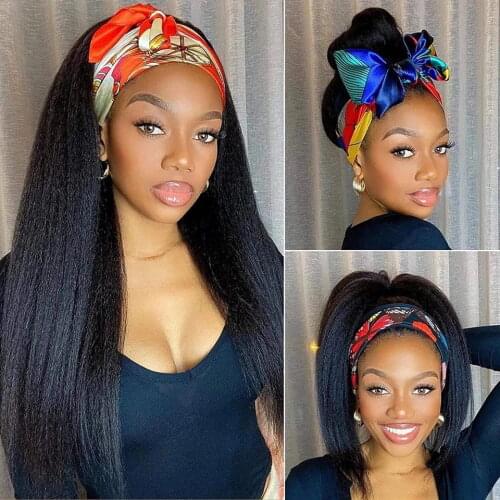Kinky Straight Human Hair Wig Peruvian Human Hair Headband Wigs For Black Women Glueless Full Machine Made Wig With Headband