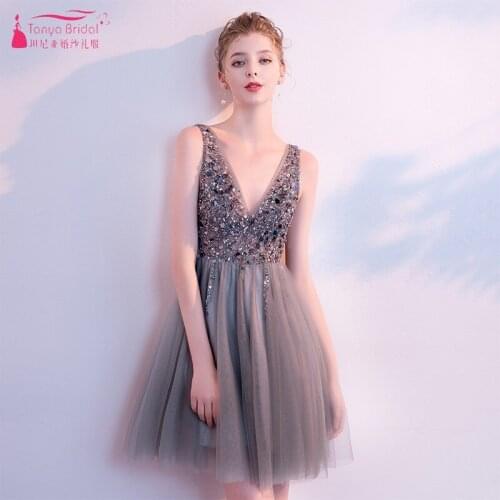 TANYA Short Sexy Above Knee Mini Prom Dresses Gray Organza Sequins vestidos de festa Party Cocktail Gown JQ350