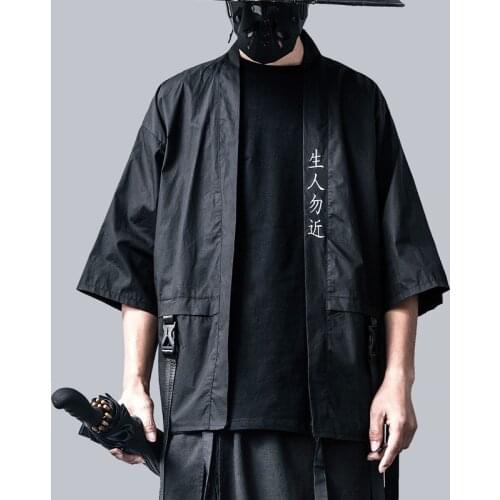 Japanese Traditional Kimono Cardigan Black Cotton Fashion Harakuju Haori Samurai Cosplay Costumes Asian Streetwear Coat 30205