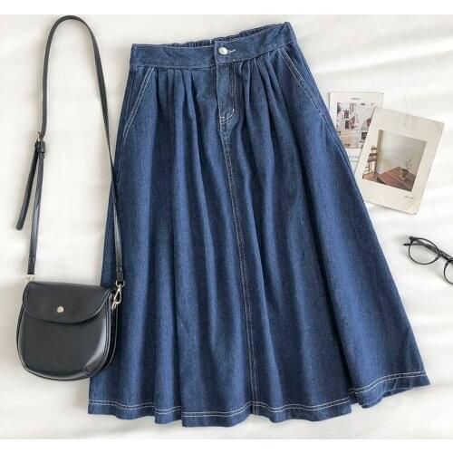 Womens Denim Blue A-line Midi Skirts 2021 High-waist Zipper Skirts Casual Summer Streetwear Vintage Solid Bottoms