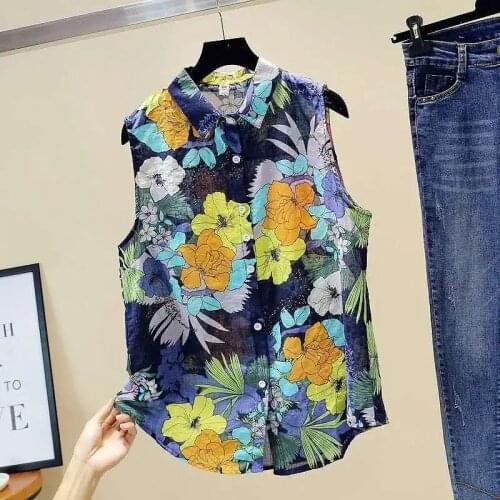 Ins trendy sleeveless printed shirt female plus size 2021 summer new Korean fashion loose casual retro western floral blouse