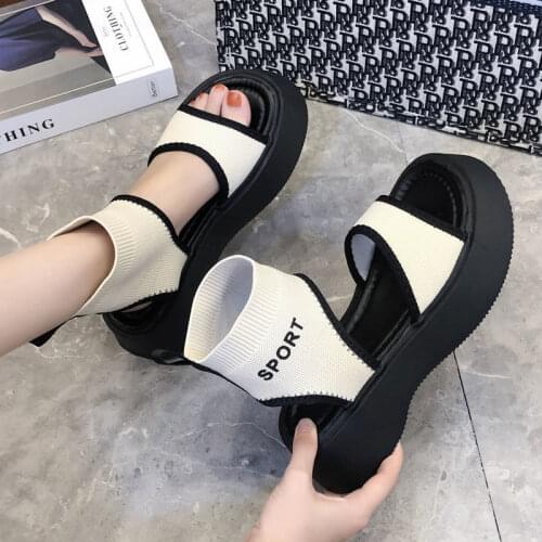 2021 new black summer womens high rise thick bottom net surface hollow foot set leisure open toe high top sandals