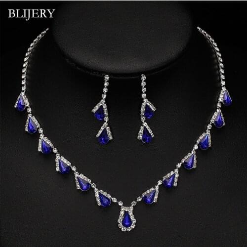 BLIJERY Fashion Royal Blue Crystal Bridal Jewelry Sets for Women Waterdrops Wedding NECKLACE+EARRINGS SET Prom Dress Accessories