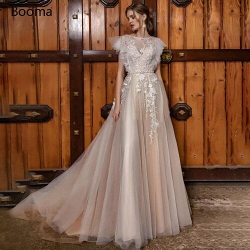 Booma Champagne Beach Wedding Dresses Short Flare Sleeves Lace Appliques Bride Dresses Pearls Belt Open Back A-Line Bridal Gowns