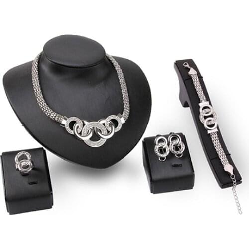 Women\s Luxury Short Chain Necklace Bracelet Earrings Ring Fashion Jewelry Set