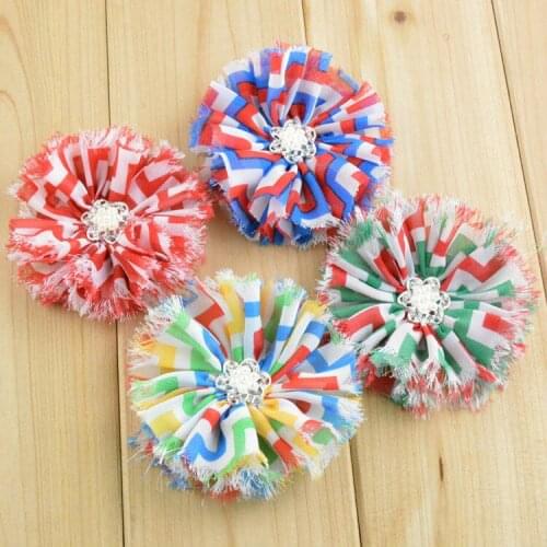 120pcs/lot Chiffon Shabby Frayed Chevron Ballerina Flowers with Pearl Rhinestone no clips flat back Free shipping FH36