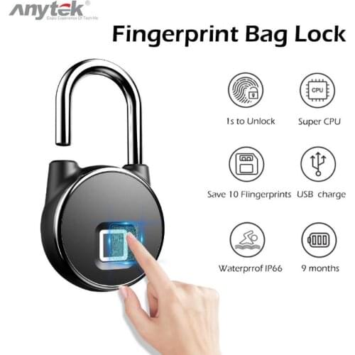 Anytek P22 Rechargeable Smart Keyless Biometrics Fingerprint Lock IP66 Waterproof Anti Theft Security Padlock