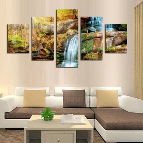 Unframed Canvas Painting Picture 5 Panels Art Prints Wall Art Yellow Waterfall Hd Printed Canvas Art Poster for Home Decoration