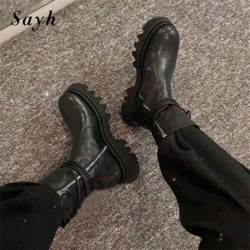2020 Fashion Platform Women Boots Black Leather Lace Up Chunky Heel Ankle Boots Luxury Brand Design Zipper Winter Boots Women
