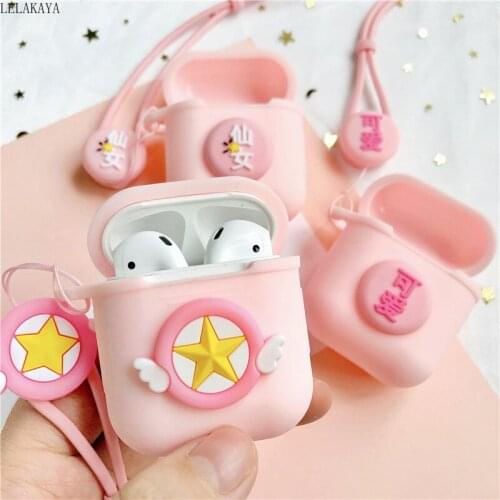 Pink Moon Sakura Pink Action Figure Wireless Bluetooth Earphone Case For Apple Airpods Protect Cover with Finger Ring Strap