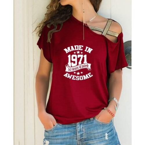 Made in 1971 50 Years of Being Awesome Loose Irregular T-shirt Women Sexy Skew Neck Cross Bandage Tops for Female Birthday Gift