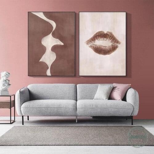 Kissing Couple Side Silhouette Picture Abstract Red Sexy Lip Oil Painting Printed On Canvas Decorative Poster for Living Room