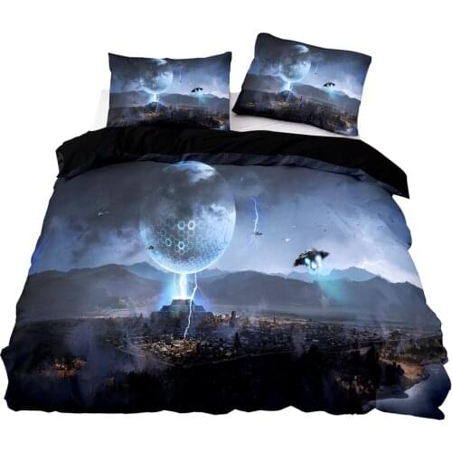 3D UFO And Ancient Cities Pattern Duvet Cover Set With Pillowcase, 228x228 Quilt Cover, 260×220 Blanket Cover,Black Bedding Set