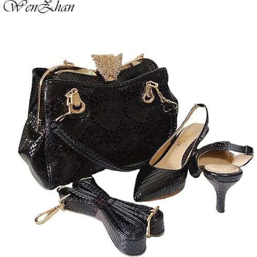 Black Lace Rose Flower Large-capacity Women Handbag with Comfortable Heel Shoes Women High Heels All-match Style 36-43 WENZHA