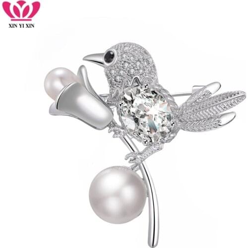 Little Bird with Flower Brooch Women Cubic Zirconia Pearl Exquisite Pin Charm Collar Dress Accessories Christmas Birthday Gift