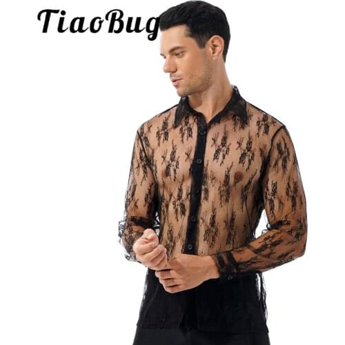 Mens See-through Floral Lace Shirt Turn-down Collar Long Sleeve Button Fashion Shirts Top Party Nightclub Stage Show Costumes