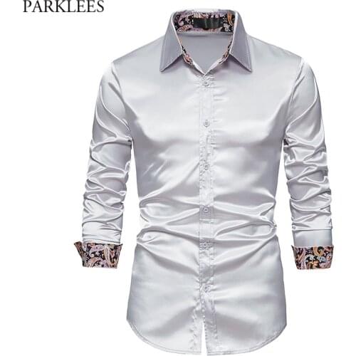 Mens Silver Silk Satin Dress Shirts Paisley Patchwork Men Tuxedo Shirt Long Sleeve Club Party Prom Casual Shirt Chemise Homme