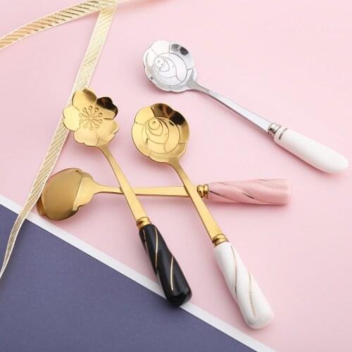 Nordic simple coffee stirring golden rose spoon flower tea dessert spoon cherry blossom ceramic handle spoon flower spoon